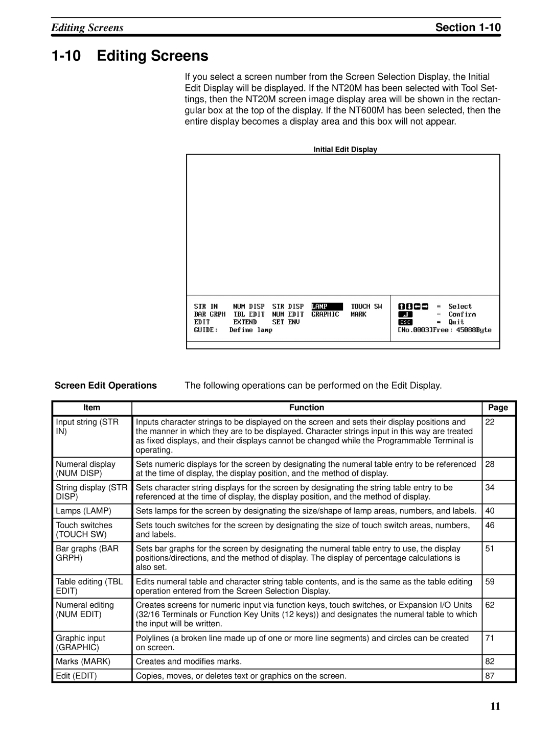 Omron NT20M, NT-series, NT600M manual Editing Screens, Screen Edit Operations 