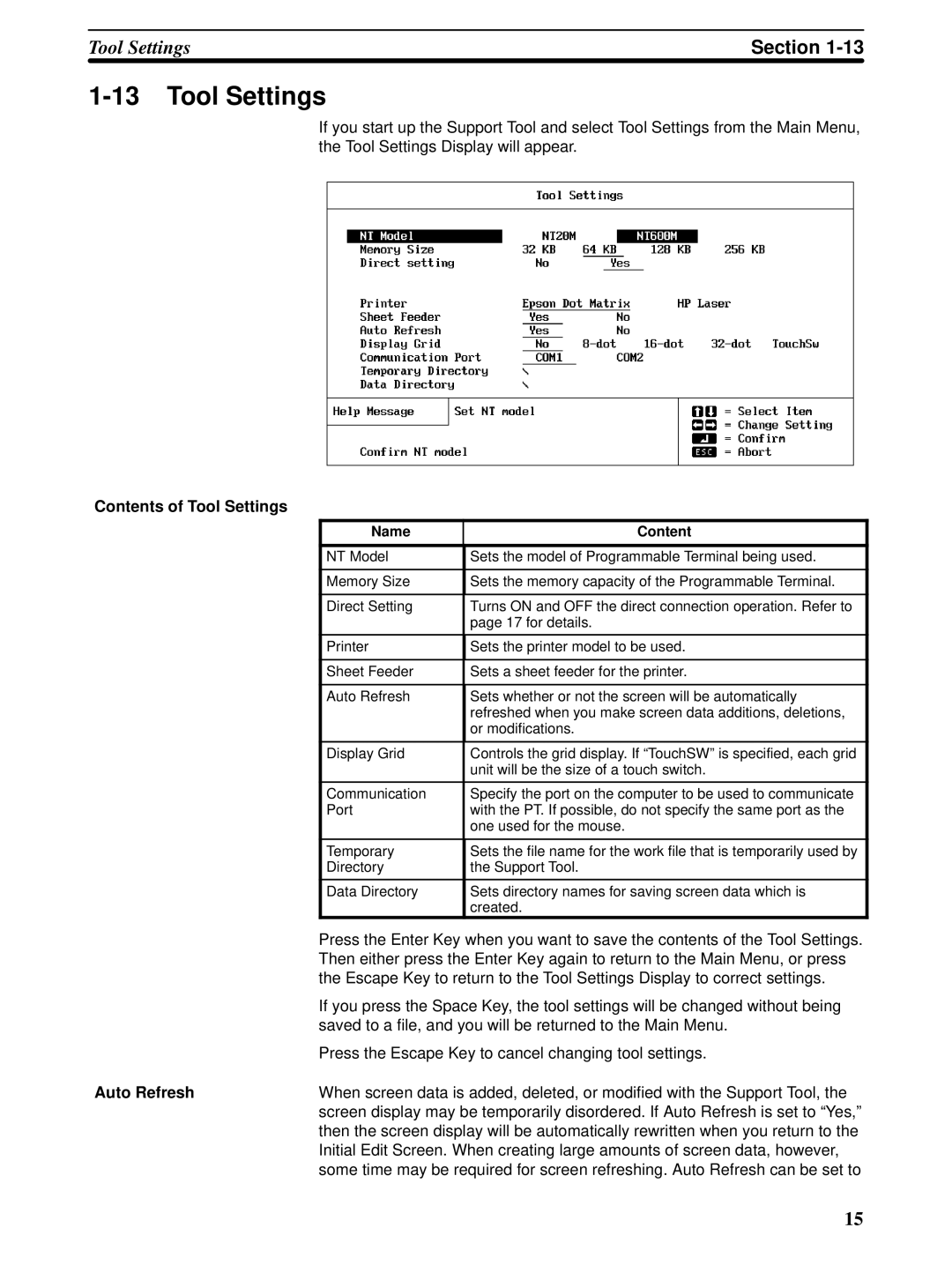 Omron NT600M, NT-series, NT20M manual Contents of Tool Settings, Auto Refresh 