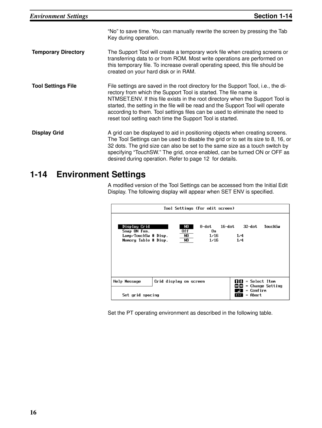 Omron NT-series, NT20M, NT600M manual Environment Settings, Temporary Directory, Tool Settings File, Display Grid 