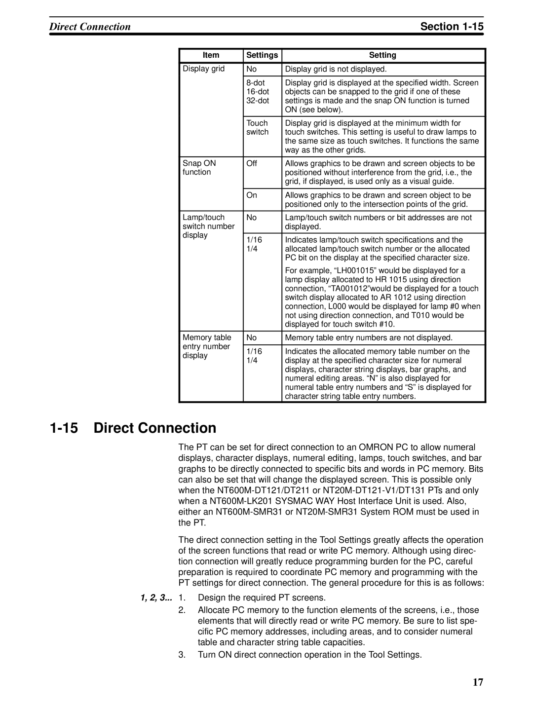 Omron NT20M, NT-series, NT600M manual Direct Connection, Settings 