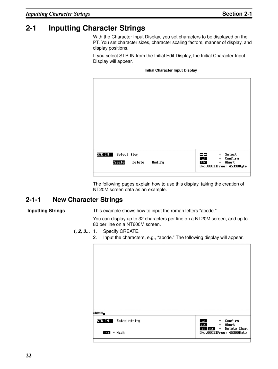 Omron NT600M, NT-series, NT20M manual Inputting Character Strings, New Character Strings, Inputting Strings 