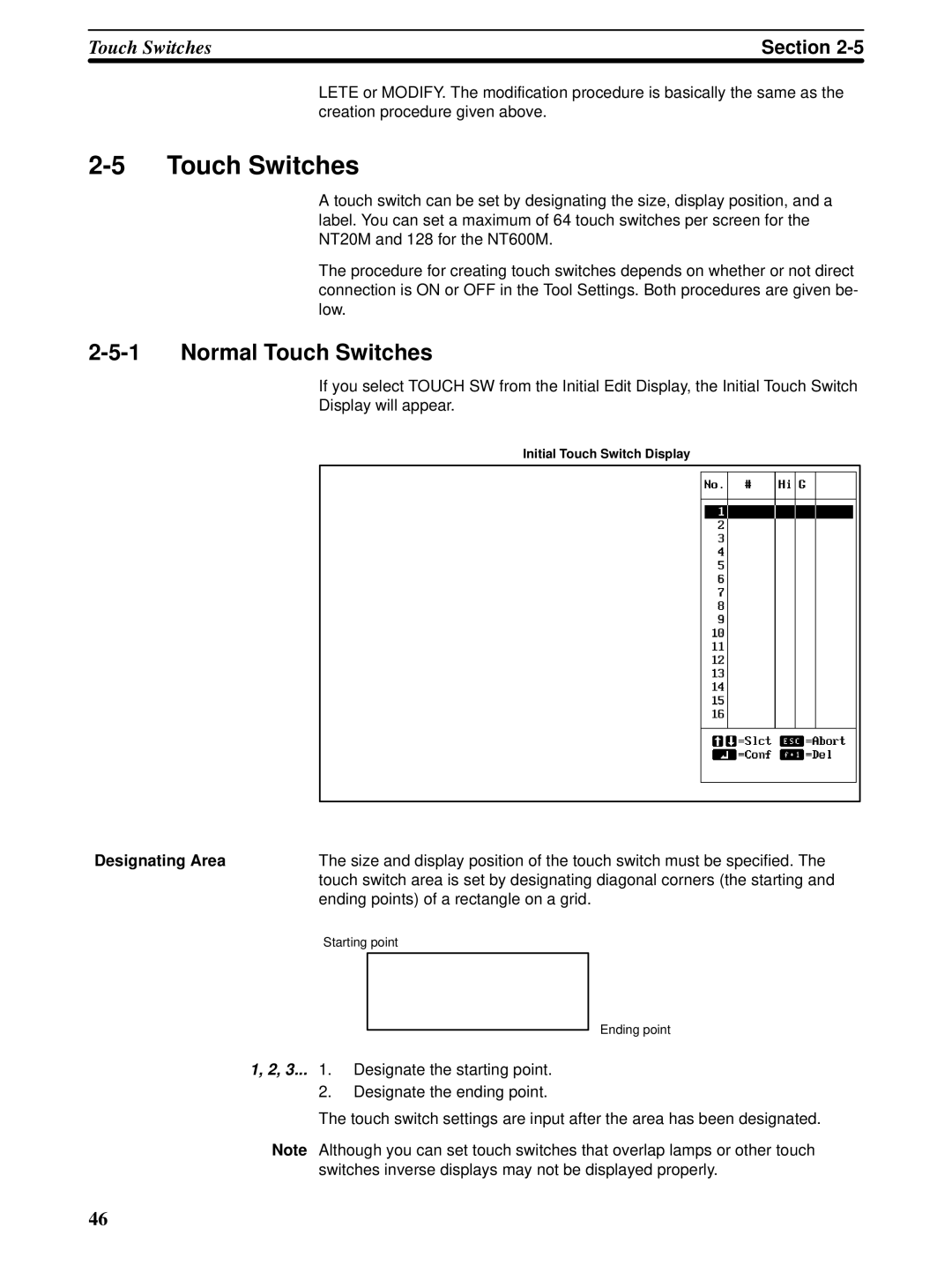 Omron NT600M, NT-series, NT20M manual Normal Touch Switches 