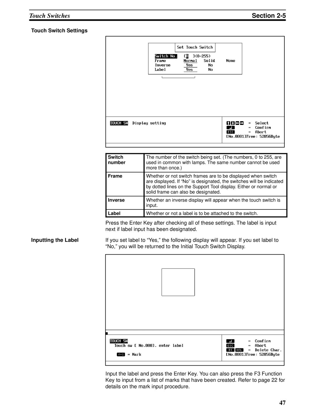 Omron NT-series, NT20M, NT600M manual Touch Switch Settings, Number, Inverse 