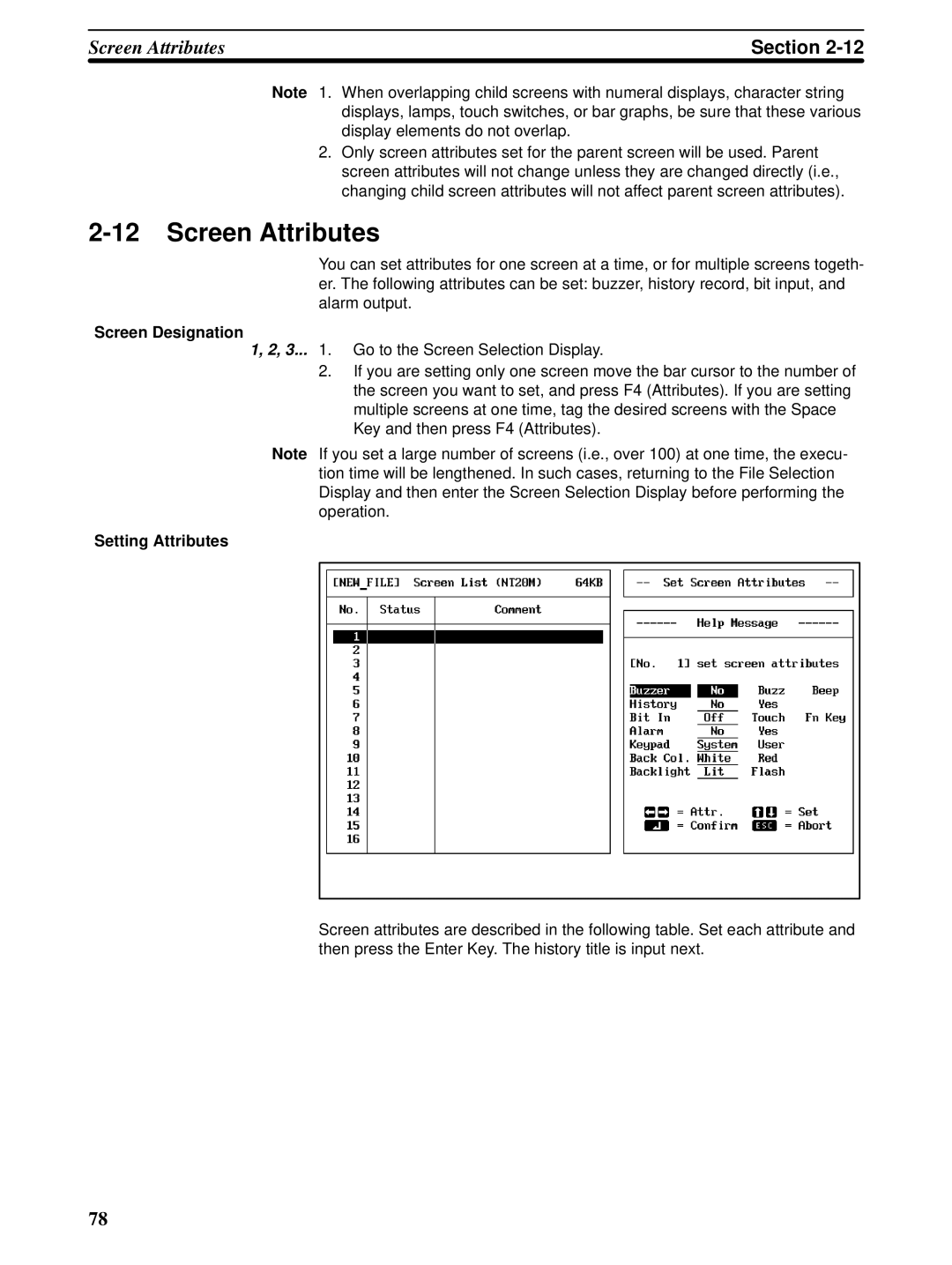 Omron NT20M, NT-series, NT600M manual Screen Attributes, Screen Designation, Setting Attributes 