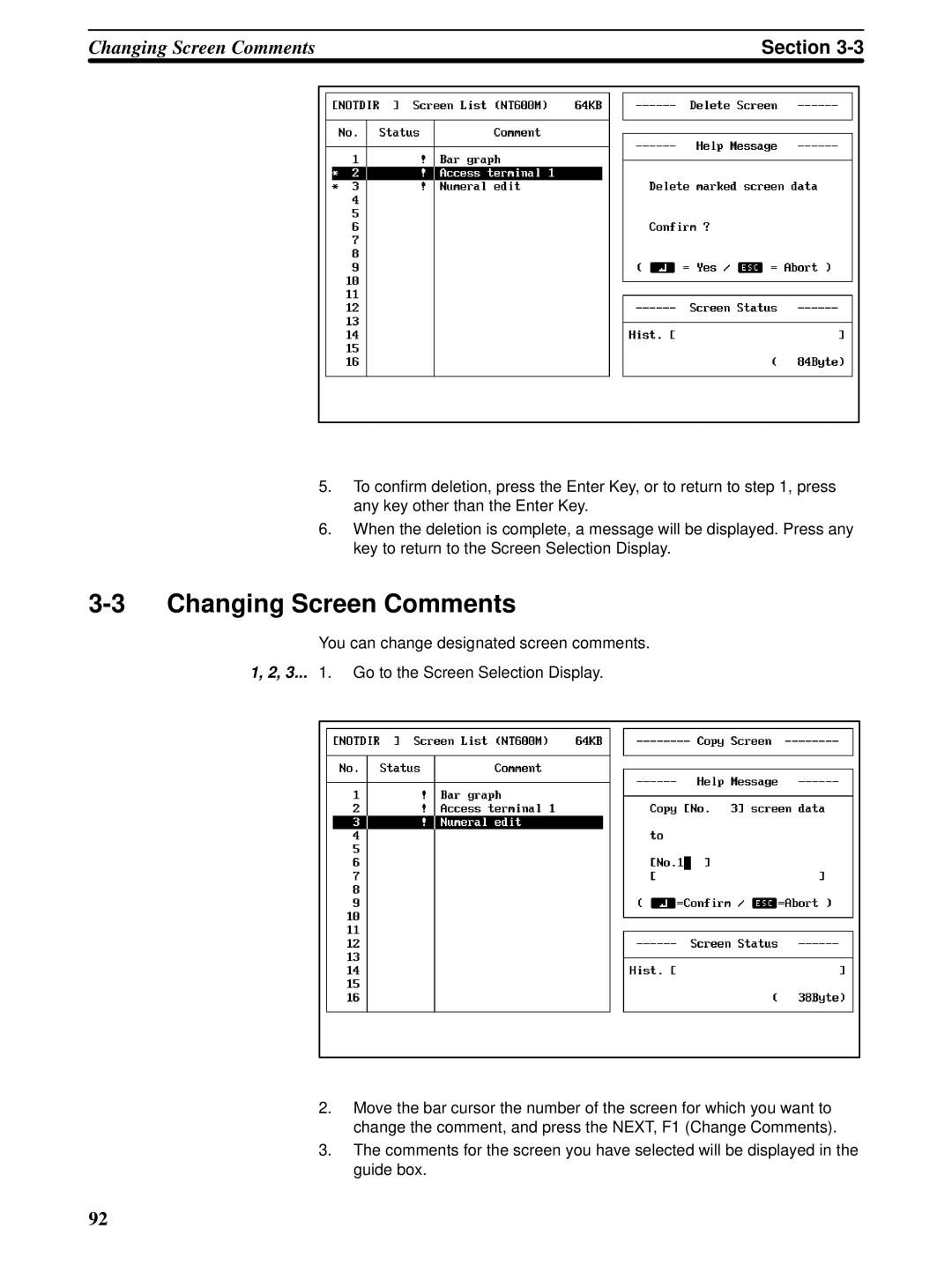 Omron NT-series, NT20M, NT600M manual Changing Screen Comments 