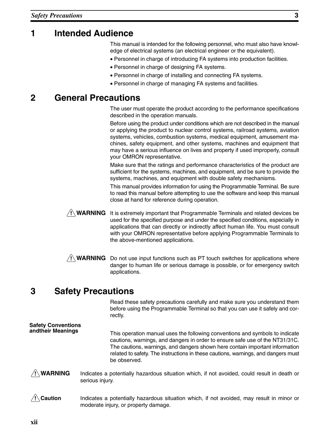 Omron NT31 NT31C manual Intended Audience, General Precautions, Safety Precautions, Safety Conventions andtheir Meanings 