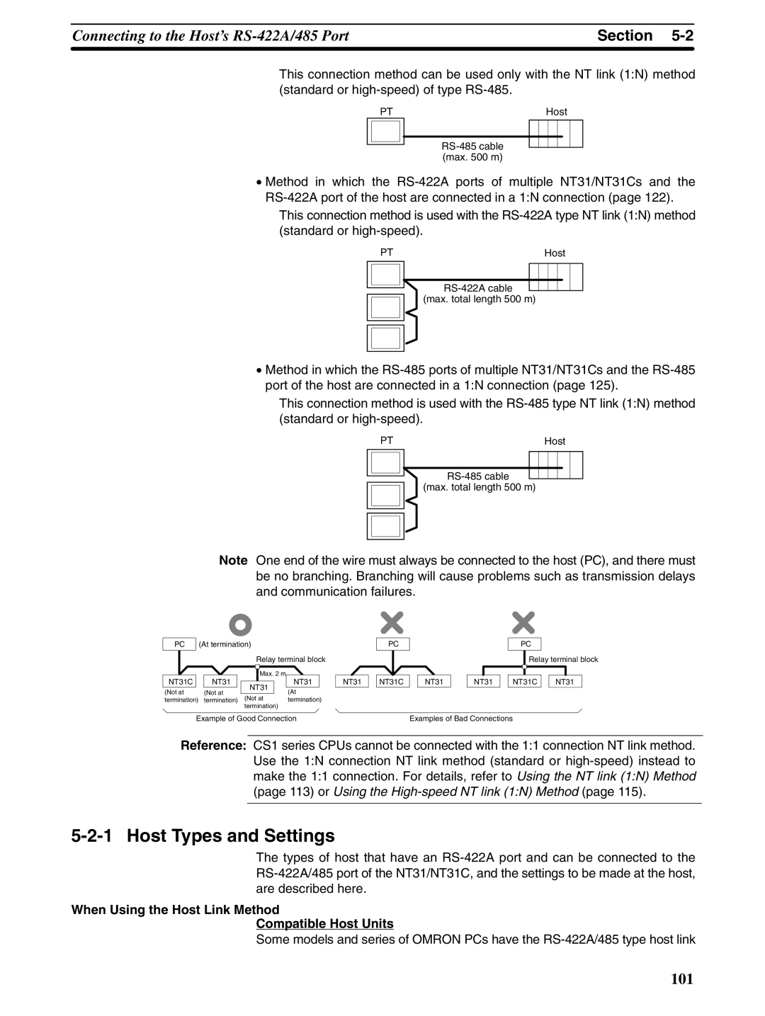 Omron NT31 NT31C manual Standard or high-speed of type RS-485, When Using the Host Link Method Compatible Host Units 