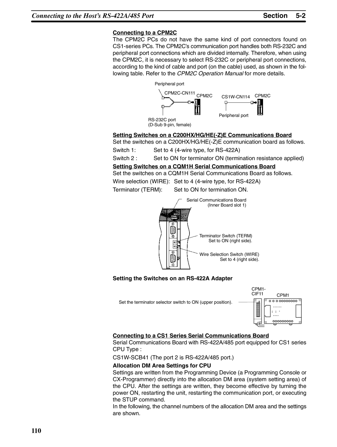 Omron NT31 NT31C Setting Switches on a C200HX/HG/HE-ZE Communications Board, Setting the Switches on an RS-422A Adapter 