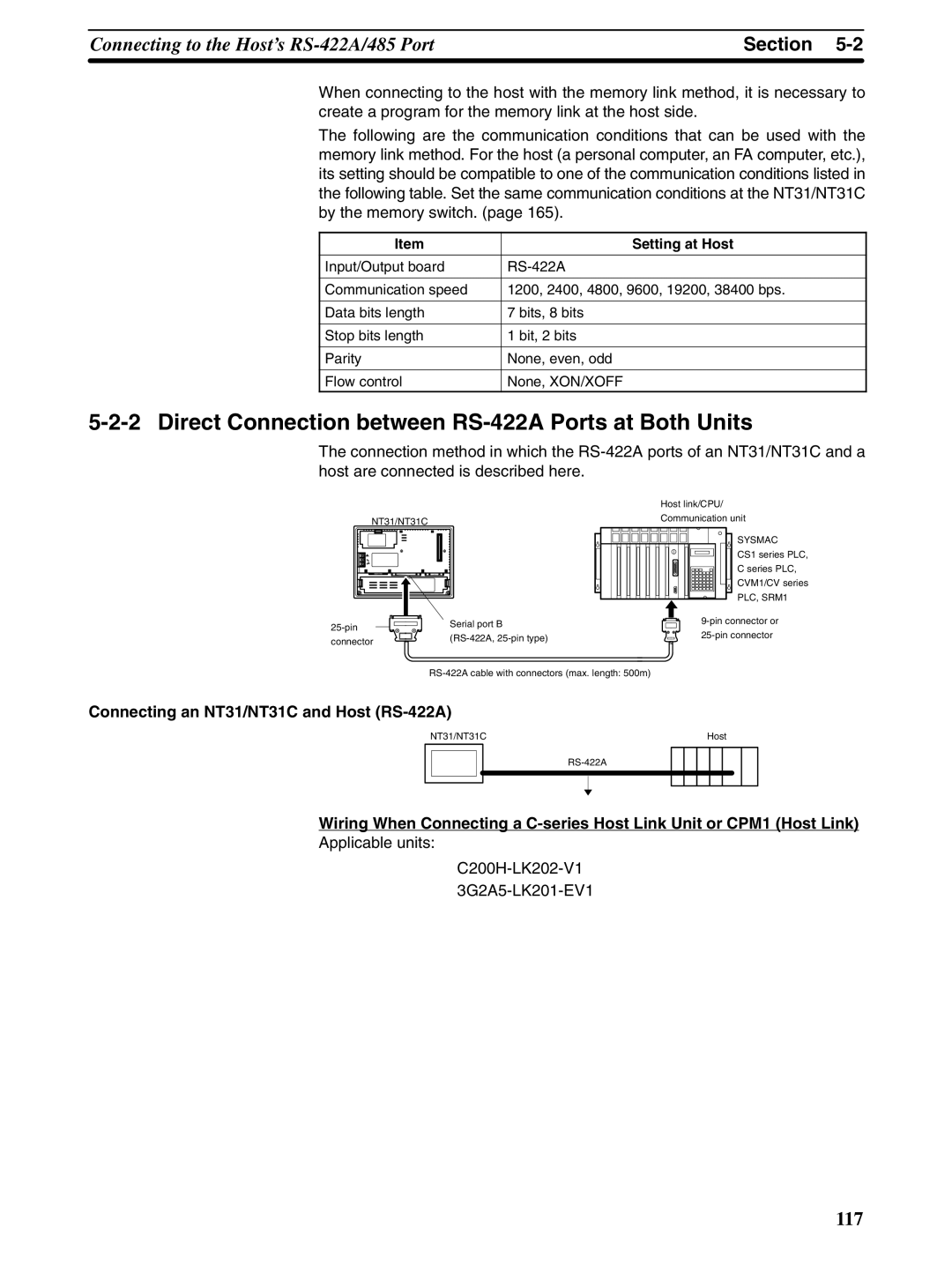 Omron NT31 NT31C manual Direct Connection between RS-422A Ports at Both Units, Connecting an NT31/NT31C and Host RS-422A 