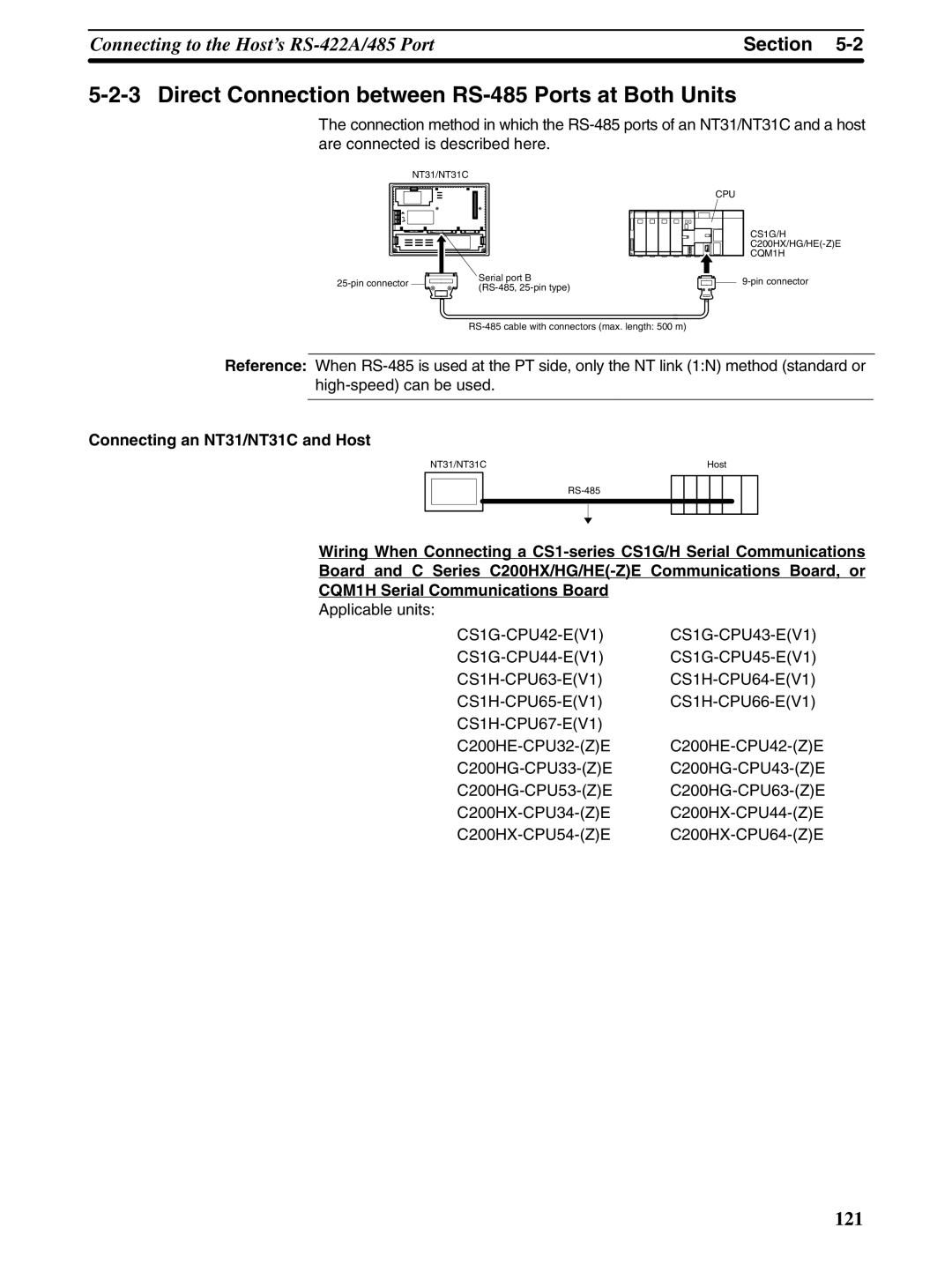 Omron NT31 NT31C manual Direct Connection between RS-485 Ports at Both Units, Connecting an NT31/NT31C and Host 