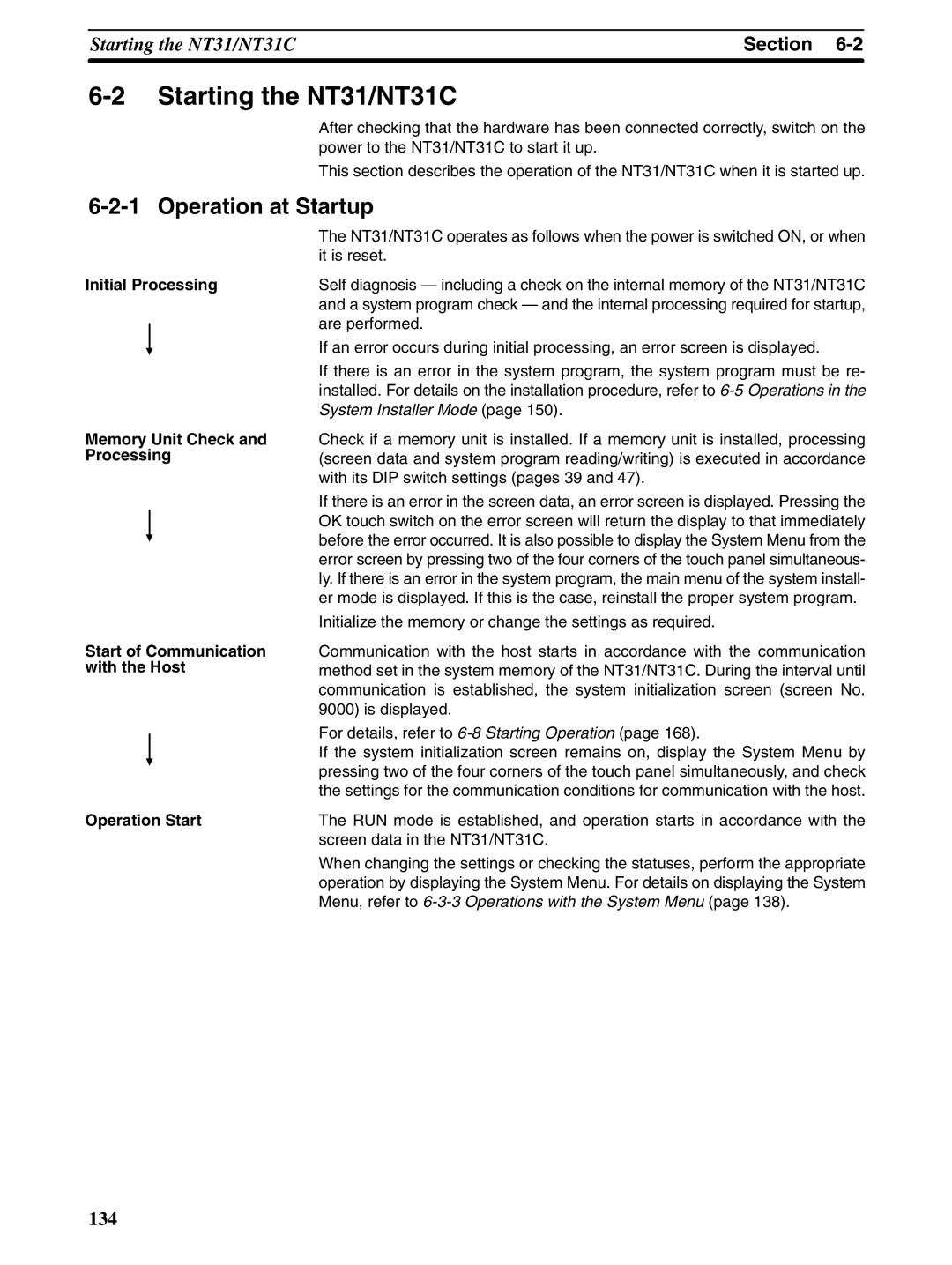 Omron NT31 NT31C manual Starting the NT31/NT31C, Operation at Startup 