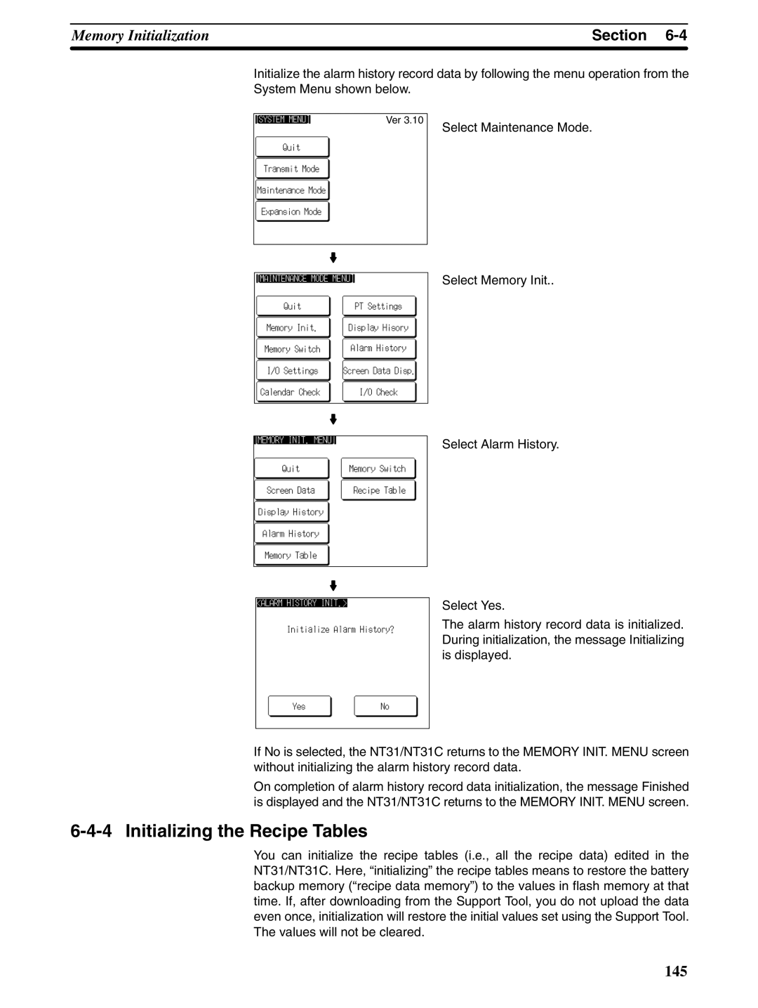 Omron NT31 NT31C manual Initializing the Recipe Tables 