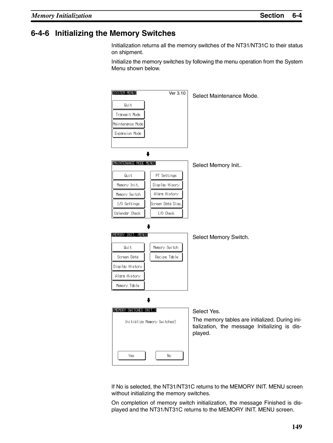 Omron NT31 NT31C manual Initializing the Memory Switches 