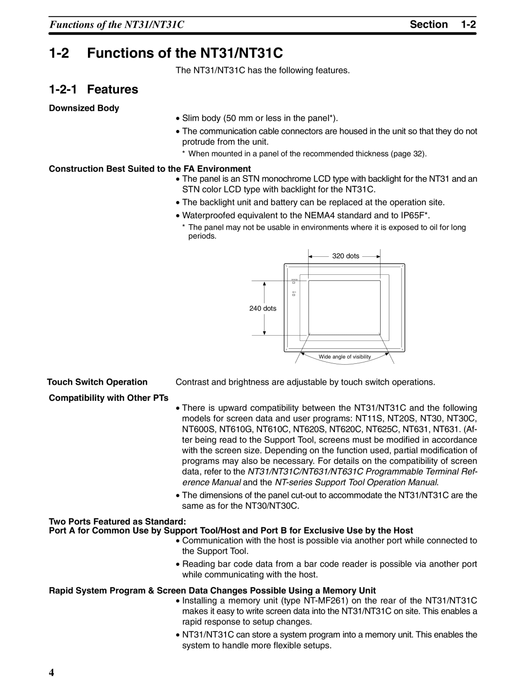 Omron NT31 NT31C Functions of the NT31/NT31C, Features, Downsized Body, Construction Best Suited to the FA Environment 