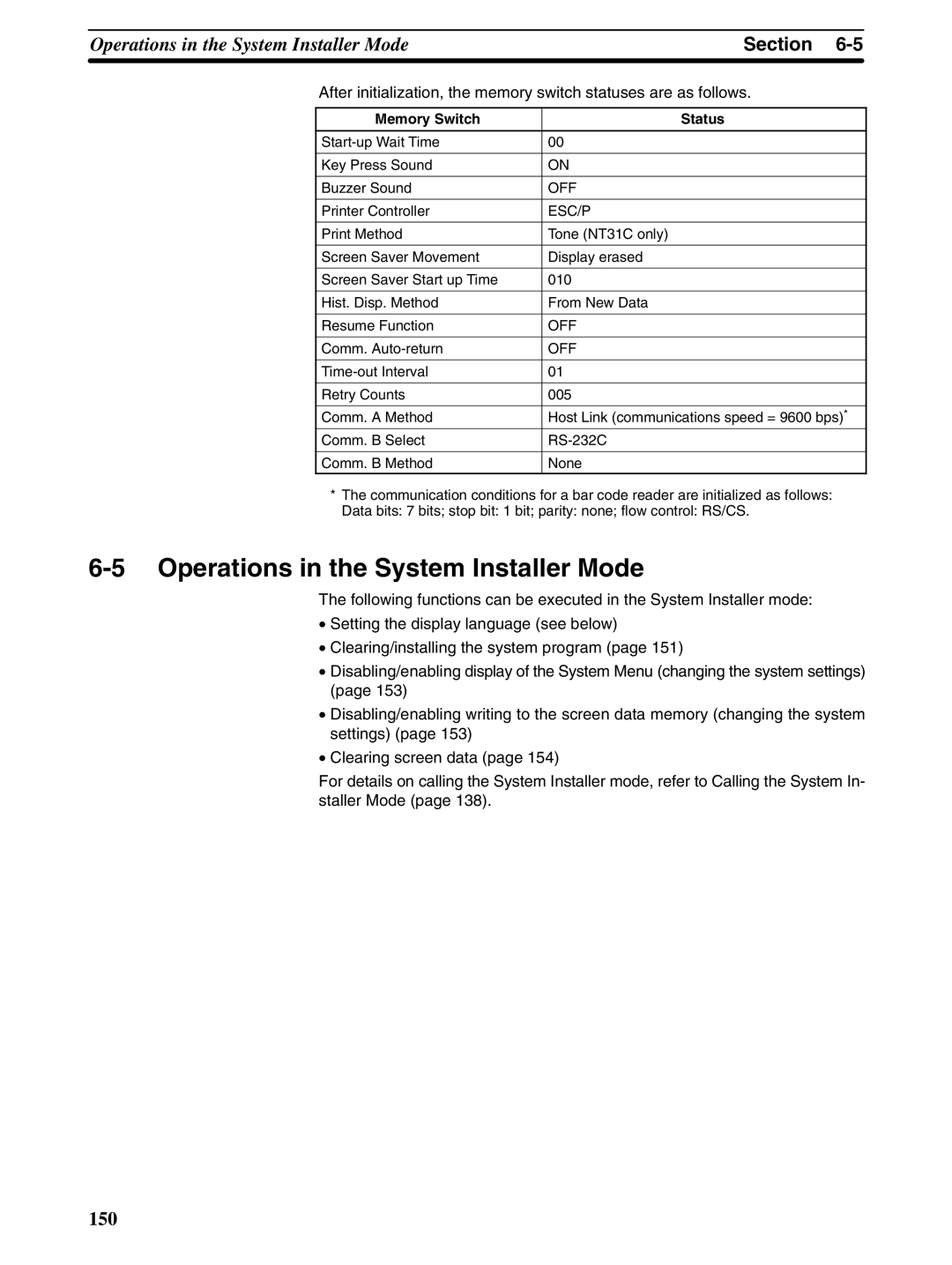 Omron NT31 NT31C manual Operations in the System Installer Mode, Memory Switch Status, Off, Esc/P 