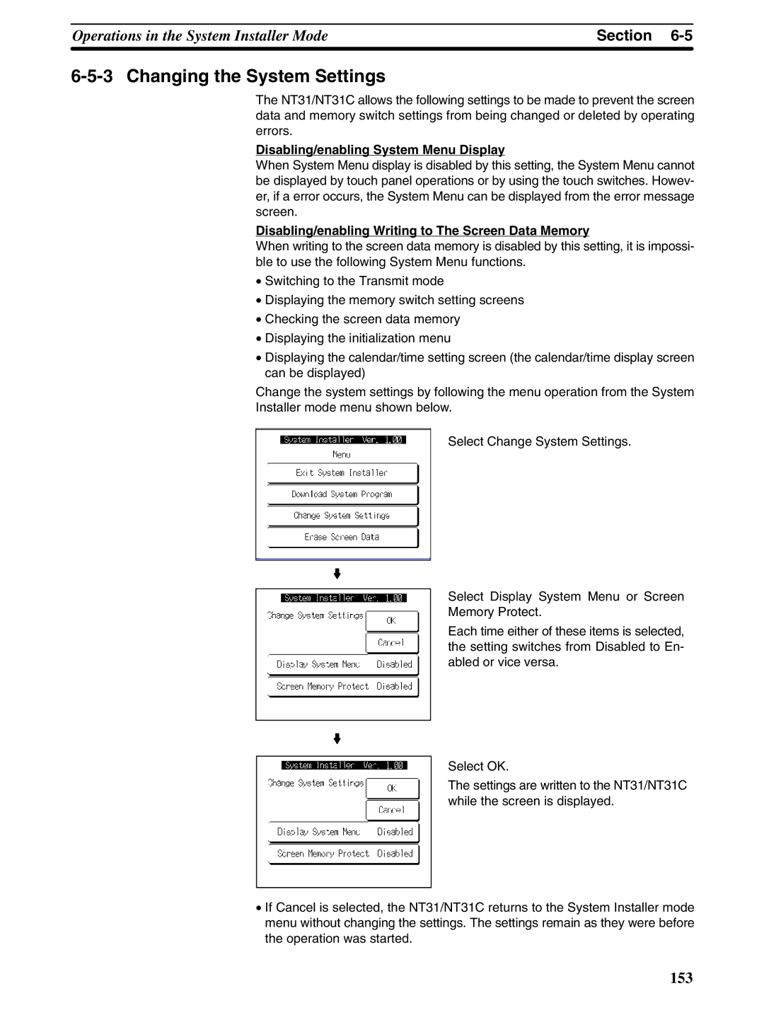 Omron NT31 NT31C manual Changing the System Settings, Disabling/enabling System Menu Display 