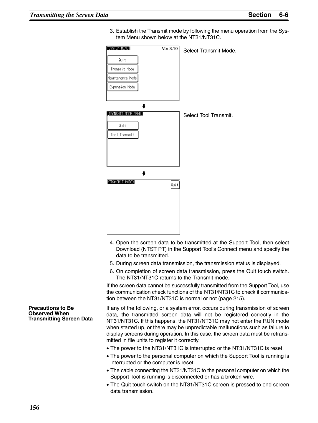 Omron NT31 NT31C manual Precautions to Be Observed When Transmitting Screen Data, Select Transmit Mode 