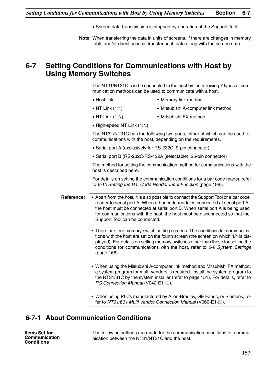 Omron NT31 NT31C manual About Communication Conditions 