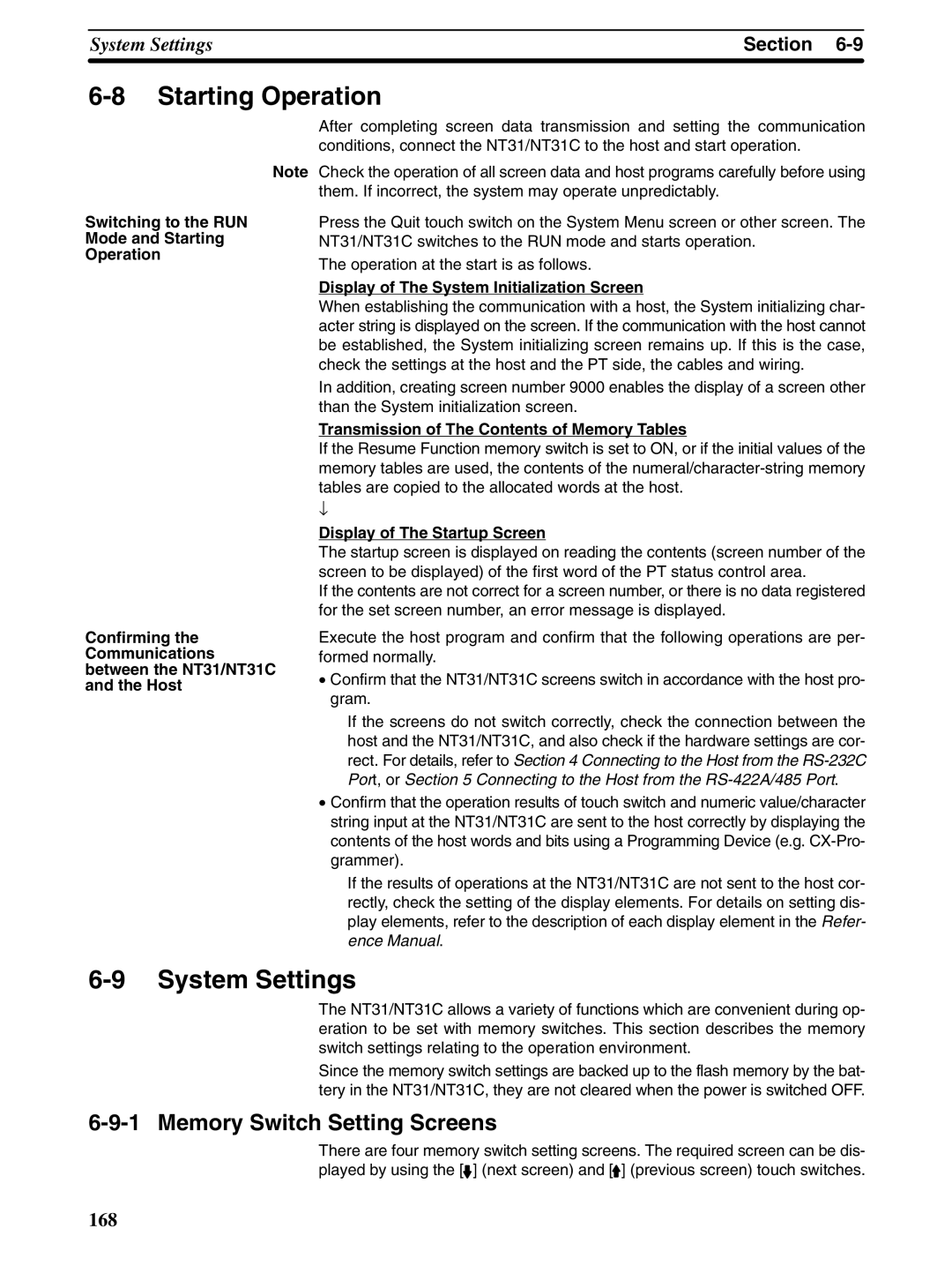 Omron NT31 NT31C manual Starting Operation, System Settings, Memory Switch Setting Screens 