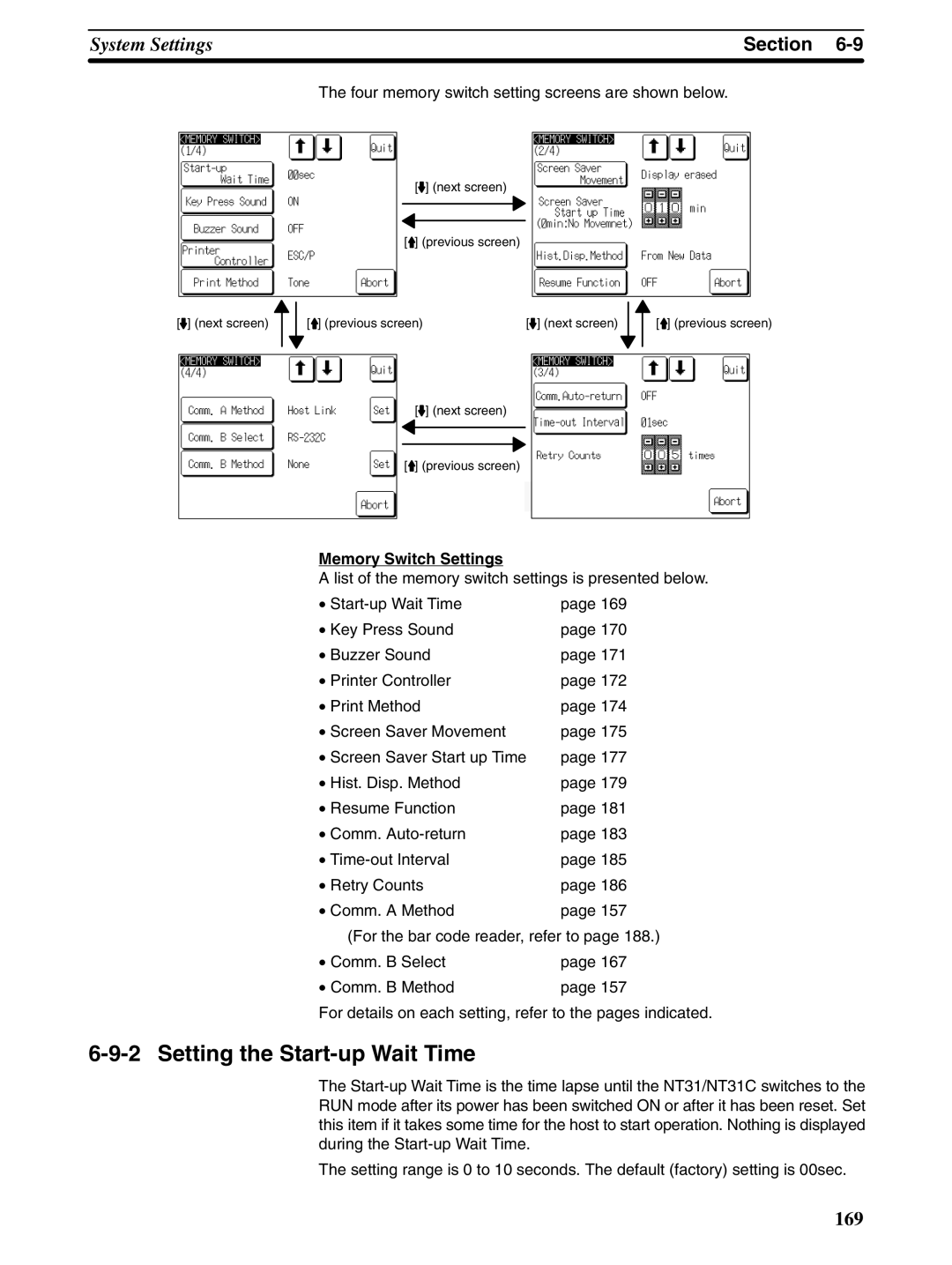 Omron NT31 NT31C manual Setting the Start-up Wait Time, Four memory switch setting screens are shown below 