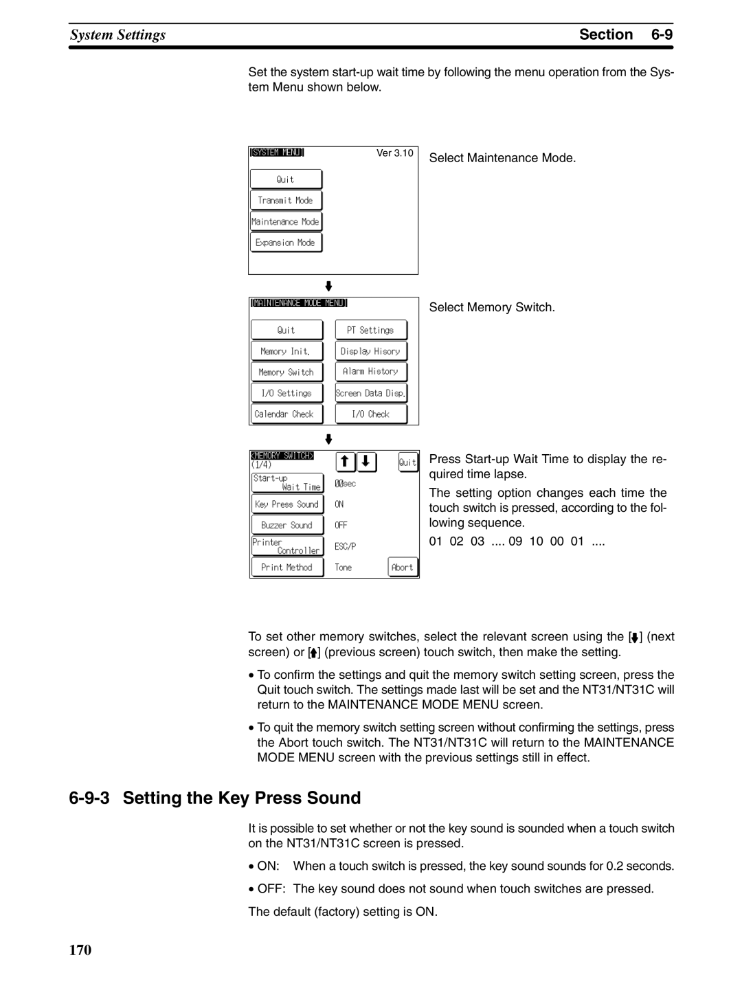 Omron NT31 NT31C manual Setting the Key Press Sound 