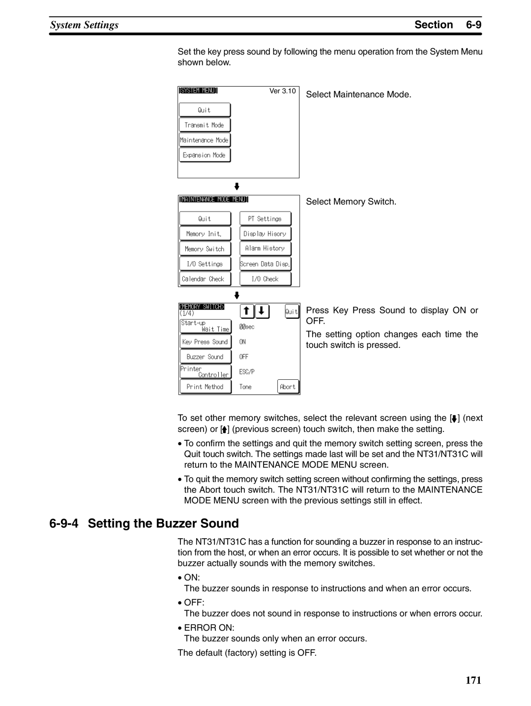 Omron NT31 NT31C manual Setting the Buzzer Sound, Off 