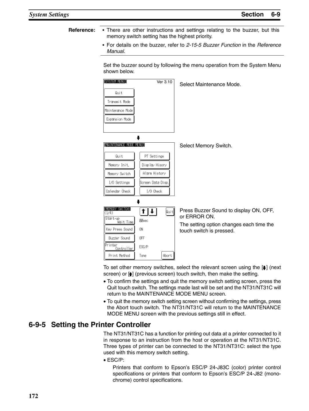 Omron NT31 NT31C manual Setting the Printer Controller, Select Maintenance Mode 