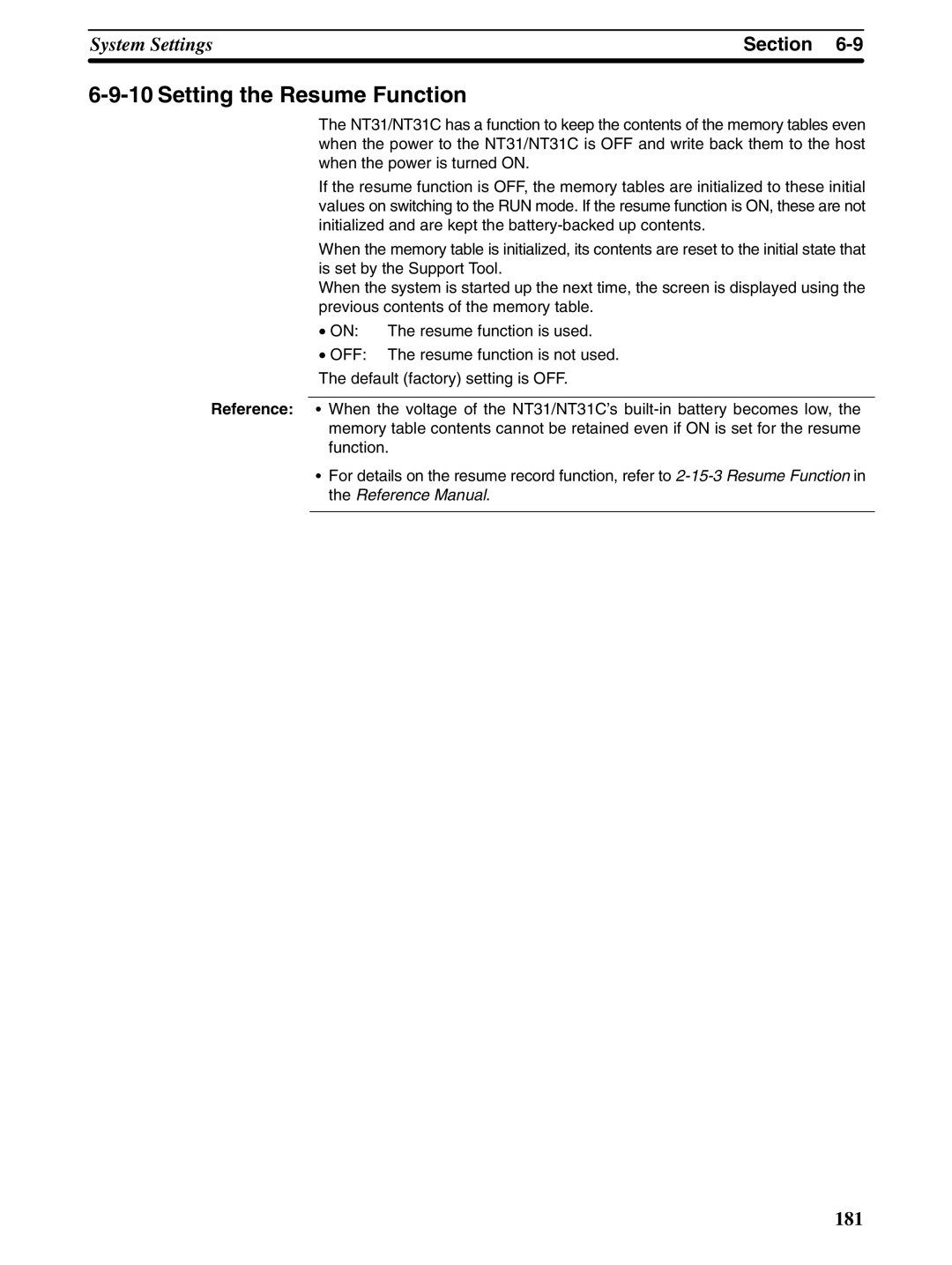 Omron NT31 NT31C manual Setting the Resume Function 