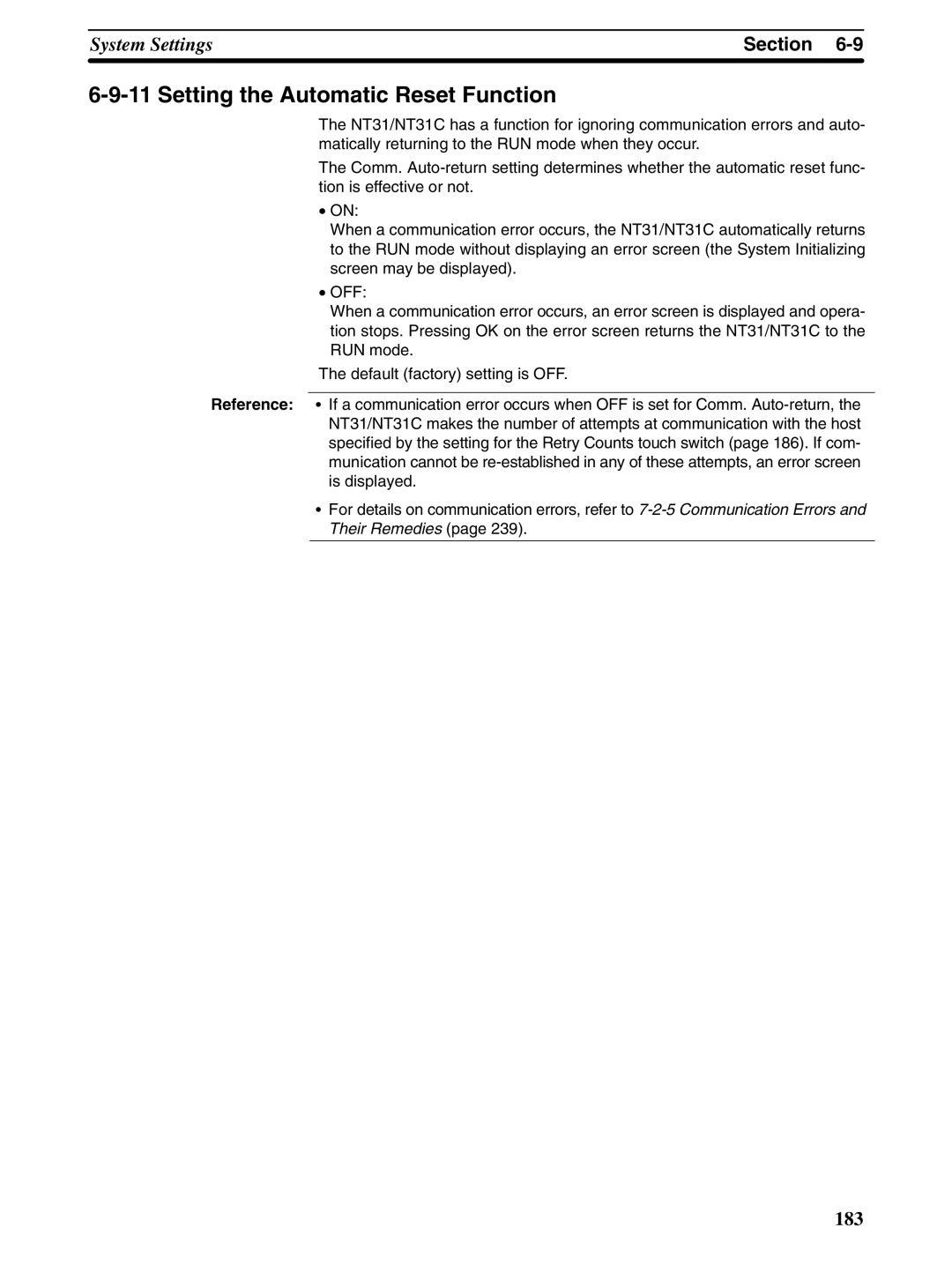 Omron NT31 NT31C manual Setting the Automatic Reset Function 