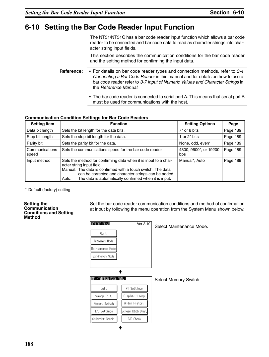 Omron NT31 NT31C manual Setting the Bar Code Reader Input Function, Communication Condition Settings for Bar Code Readers 