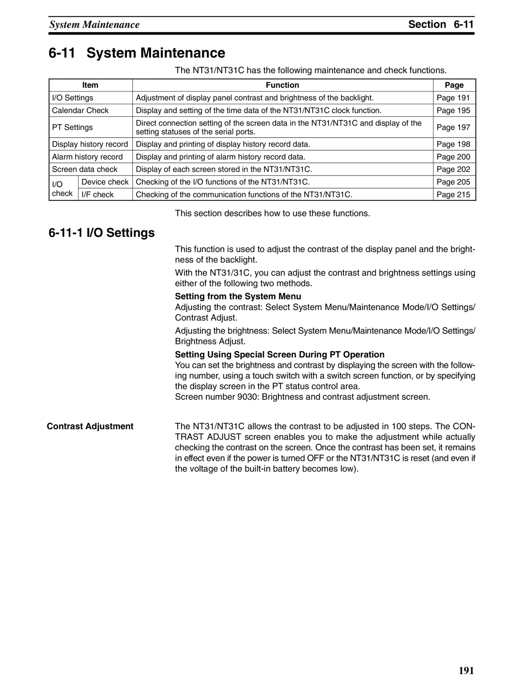 Omron NT31 NT31C manual System Maintenance, 11-1 I/O Settings, Setting from the System Menu, Contrast Adjustment 