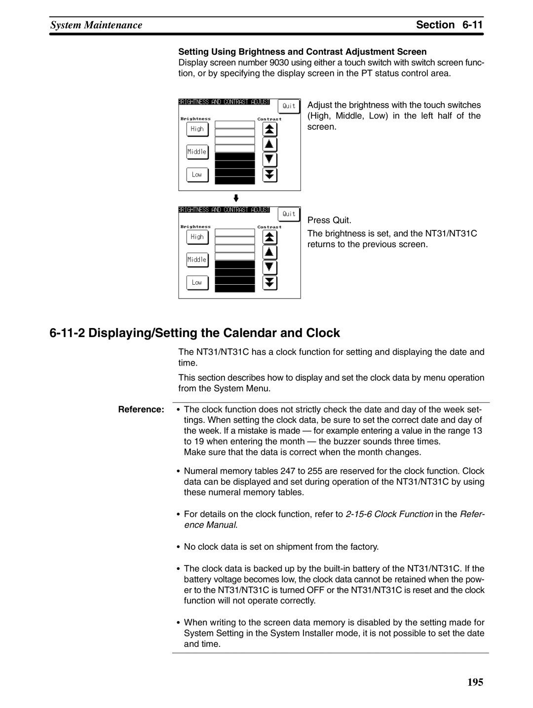 Omron NT31 NT31C manual Displaying/Setting the Calendar and Clock 