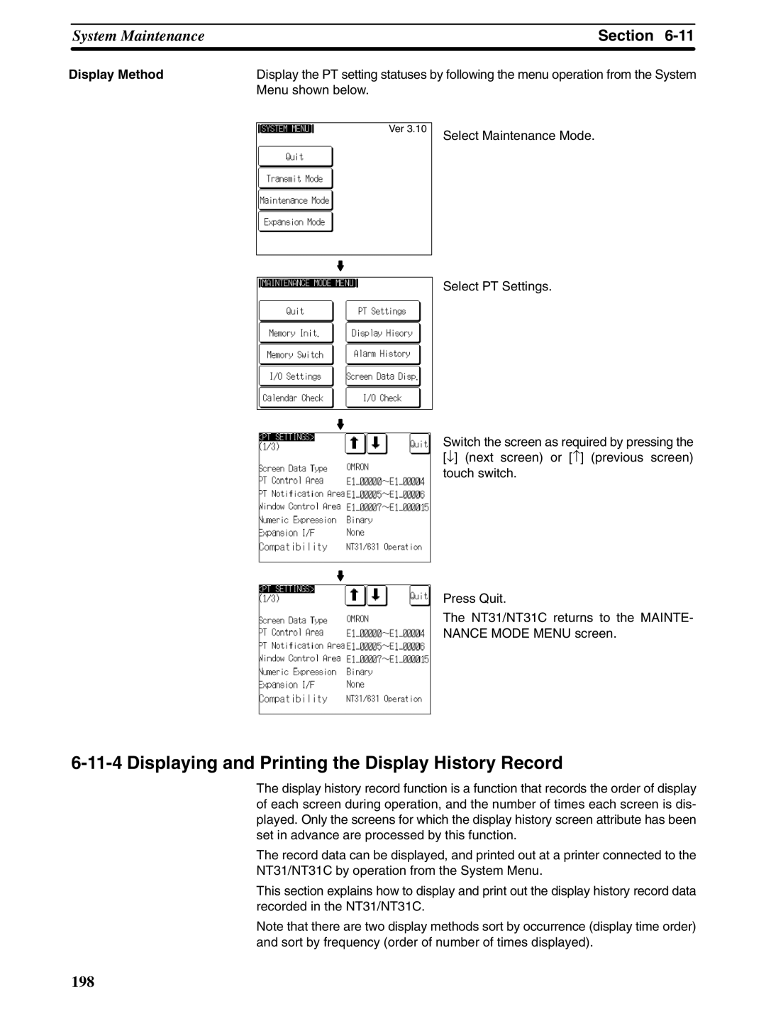 Omron NT31 NT31C manual Displaying and Printing the Display History Record, Display Method 