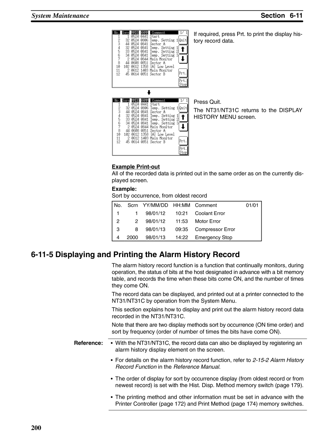 Omron NT31 NT31C manual Displaying and Printing the Alarm History Record, Example Print-out, YY/MM/DD Hhmm 