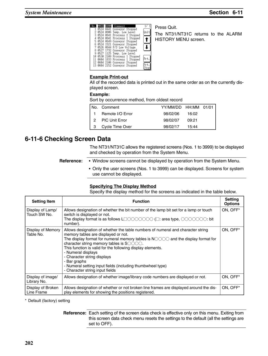 Omron NT31 NT31C manual Checking Screen Data, Sort by occurrence method, from oldest record, Specifying The Display Method 