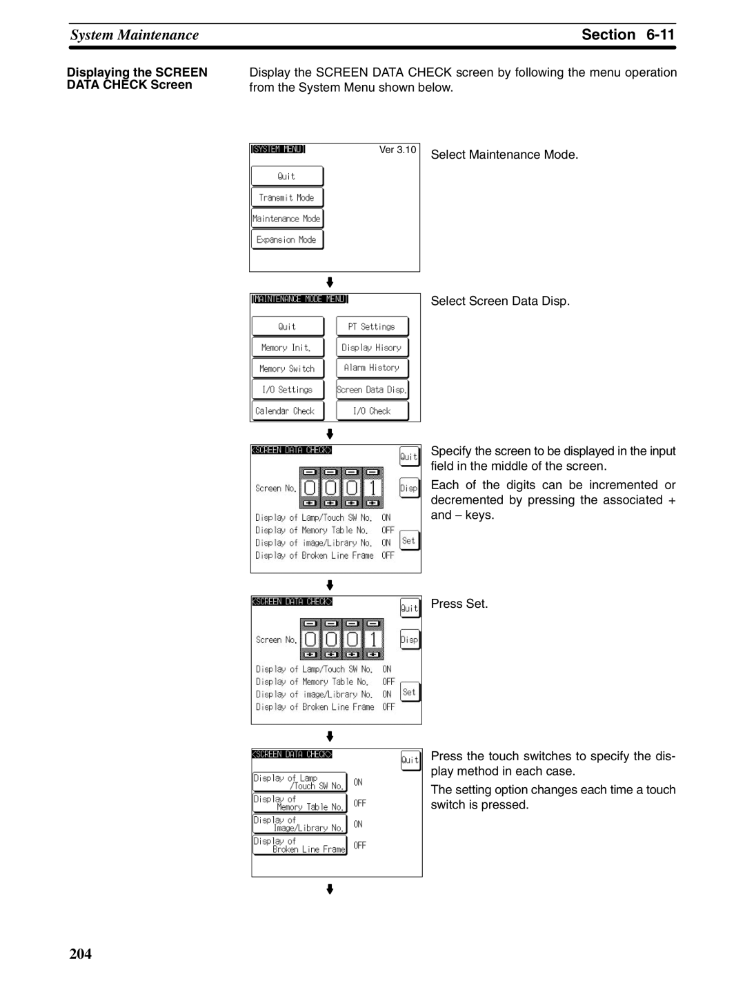 Omron NT31 NT31C manual Displaying the Screen Data Check Screen, Select Maintenance Mode 