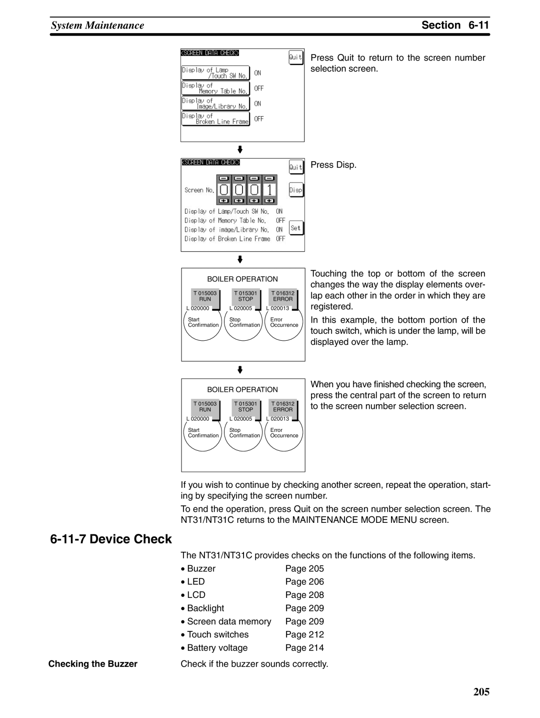 Omron NT31 NT31C manual Device Check, Checking the Buzzer, Check if the buzzer sounds correctly 