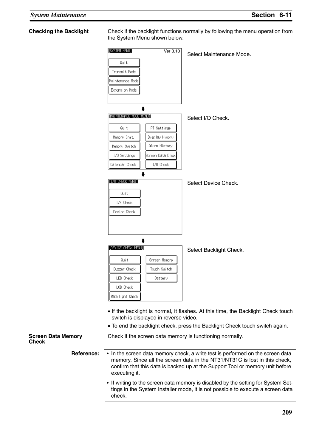 Omron NT31 NT31C manual Checking the Backlight, Screen Data Memory, Check if the screen data memory is functioning normally 