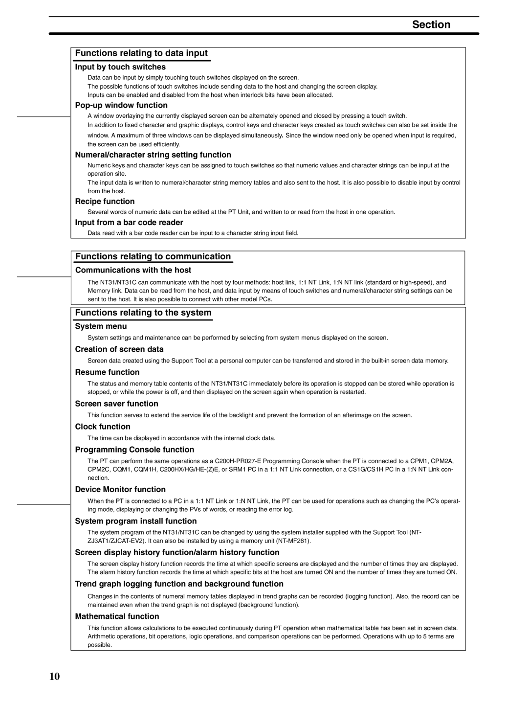 Omron NT31 NT31C Functions relating to data input, Functions relating to communication, Functions relating to the system 