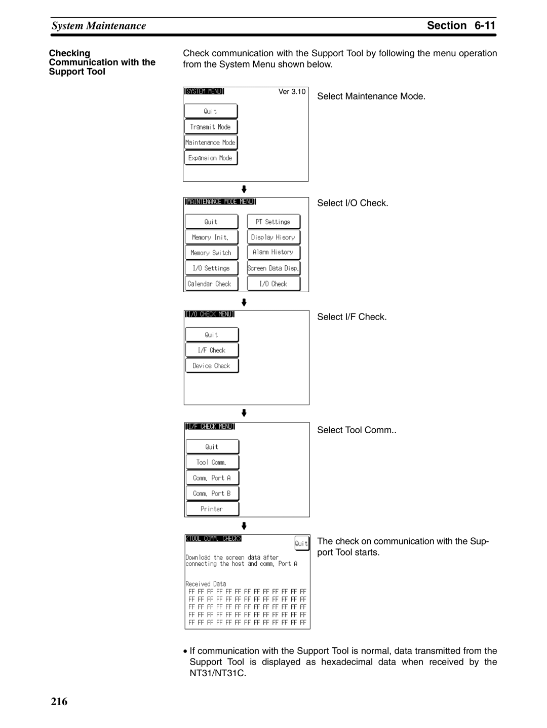 Omron NT31 NT31C manual Checking Communication with the Support Tool 