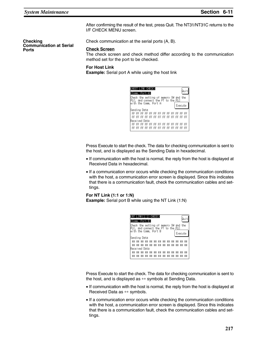 Omron NT31 NT31C manual Checking Communication at Serial Ports, Check Screen, For Host Link, For NT Link 11 or 1N 