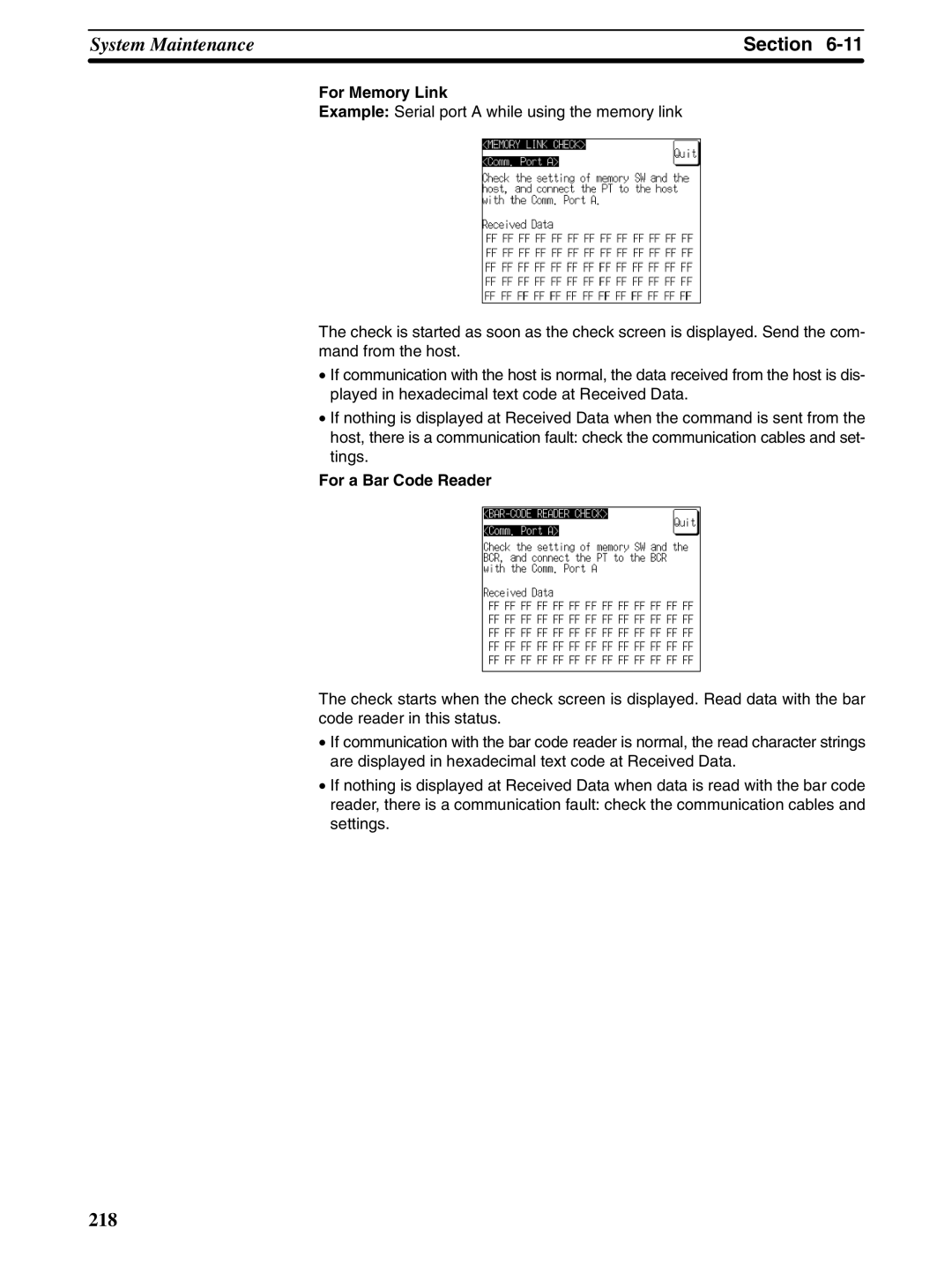 Omron NT31 NT31C manual For Memory Link, For a Bar Code Reader 