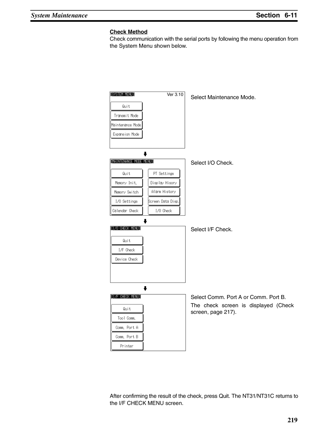 Omron NT31 NT31C manual Check Method, Select Maintenance Mode 