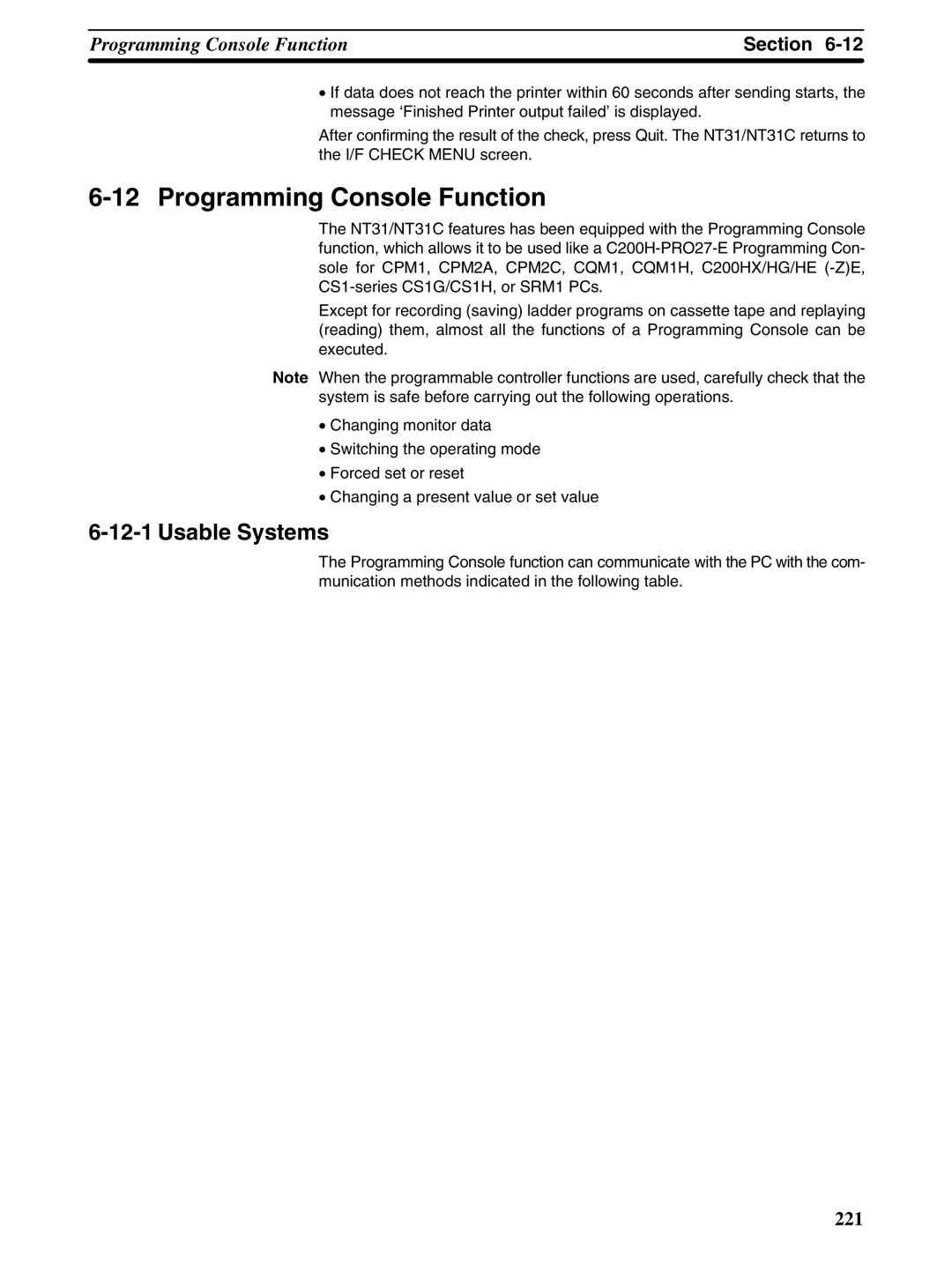 Omron NT31 NT31C manual Programming Console Function, Usable Systems 