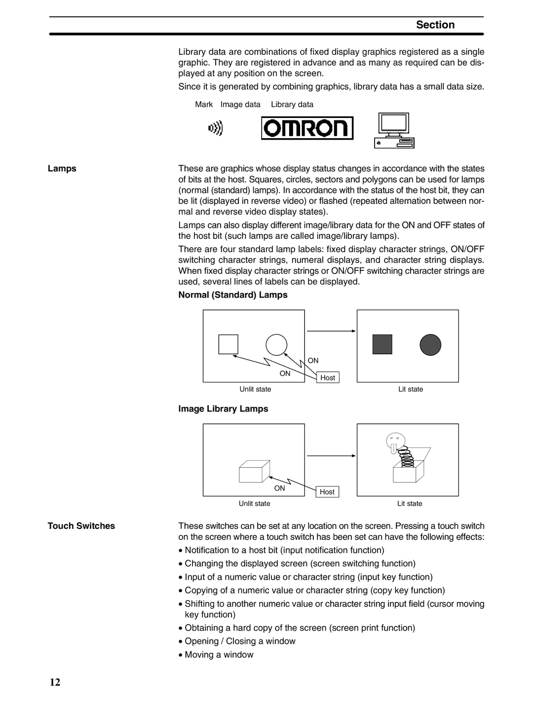 Omron NT31 NT31C manual Normal Standard Lamps, Image Library Lamps, Touch Switches 