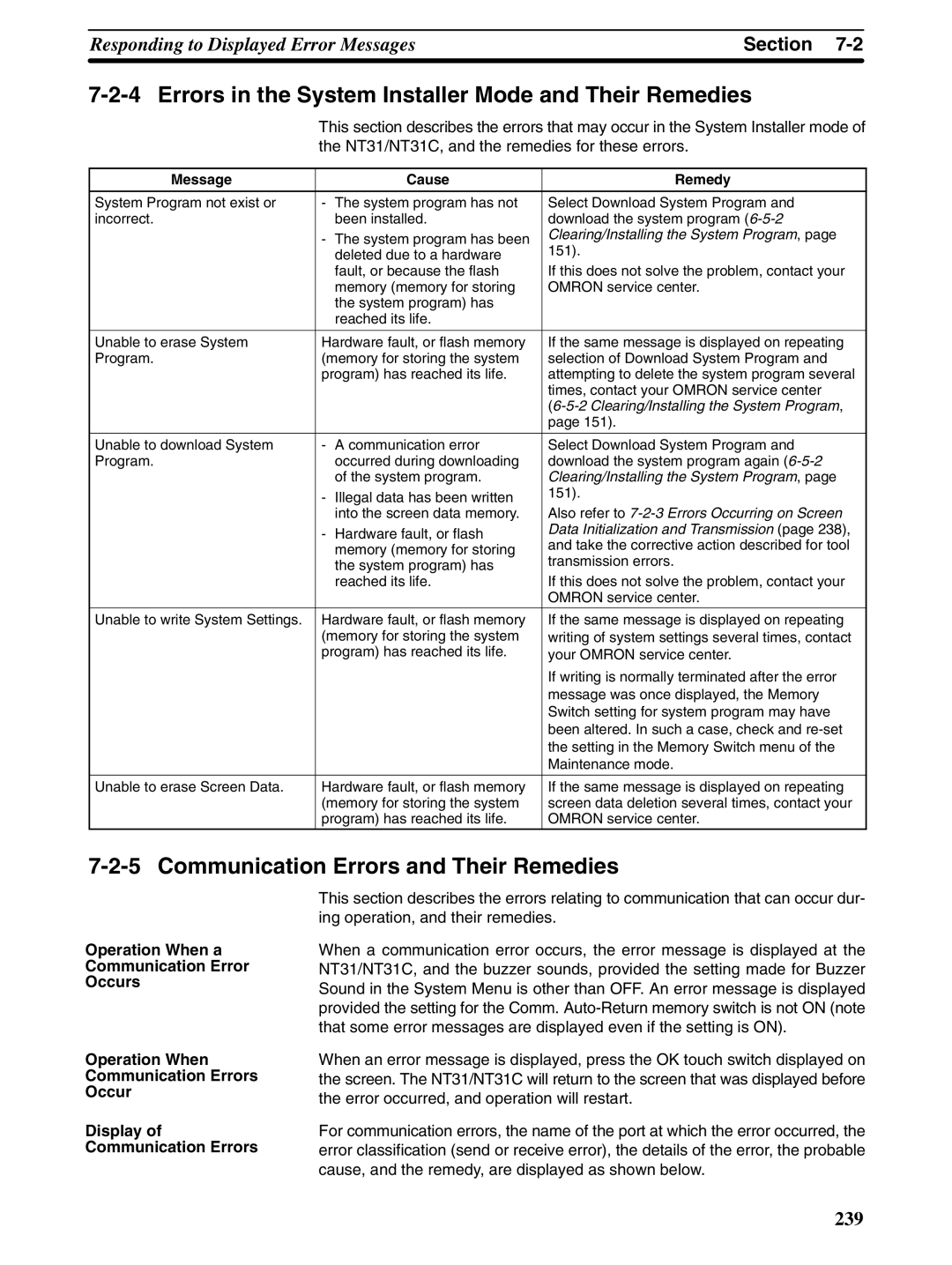 Omron NT31 NT31C manual Errors in the System Installer Mode and Their Remedies, Communication Errors and Their Remedies 