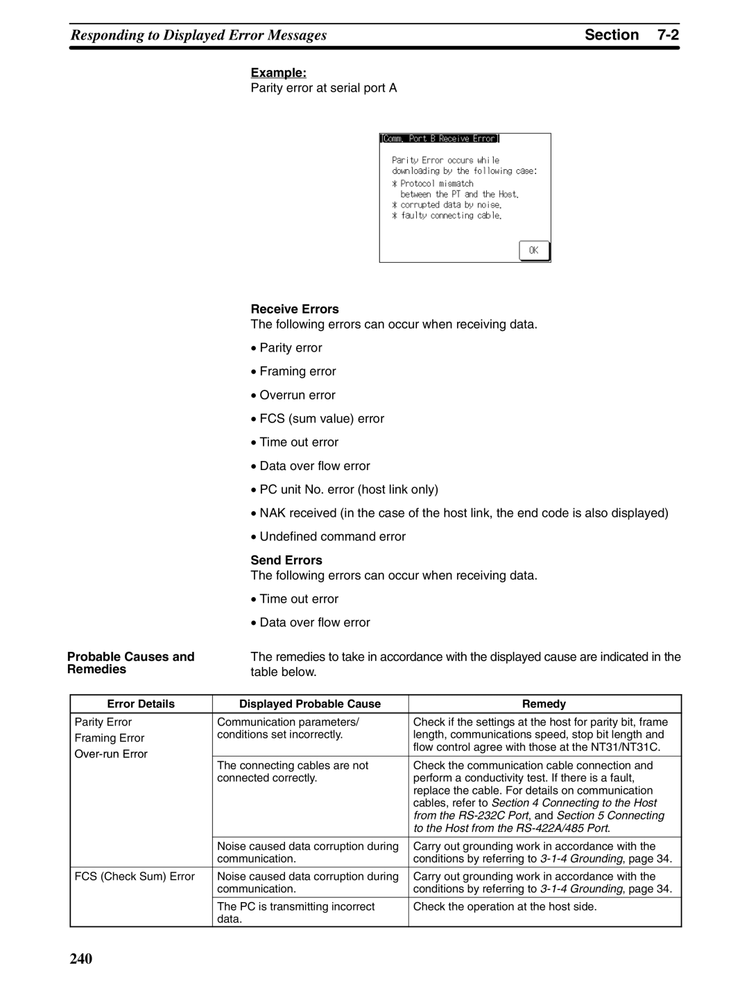 Omron NT31 NT31C Parity error at serial port a, Probable Causes and Remedies Receive Errors, Send Errors, Over-run Error 