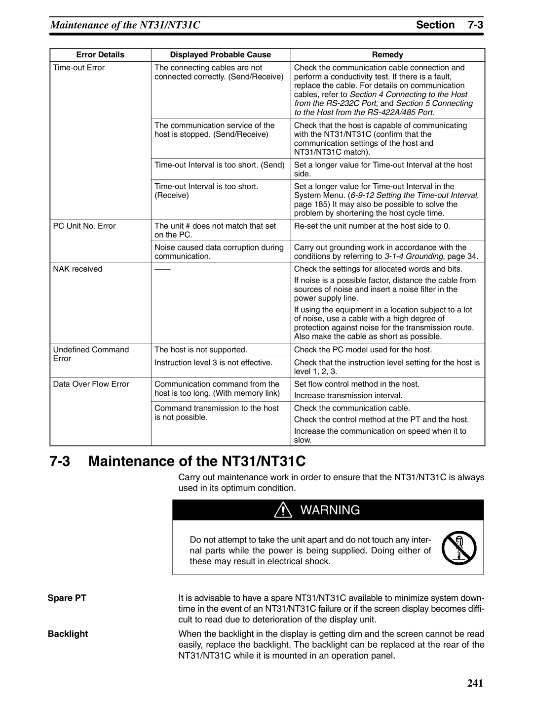 Omron NT31 NT31C manual Maintenance of the NT31/NT31C, Spare PT, Backlight 