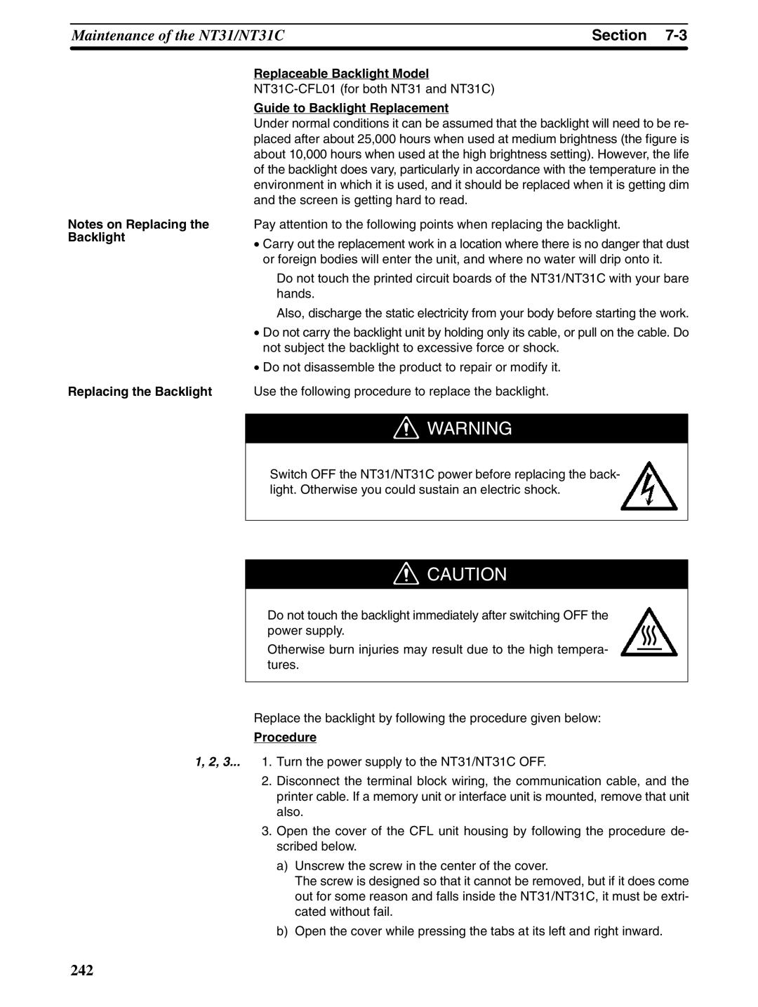 Omron NT31 NT31C manual Replacing the Backlight Replaceable Backlight Model, NT31C-CFL01 for both NT31 and NT31C, Procedure 