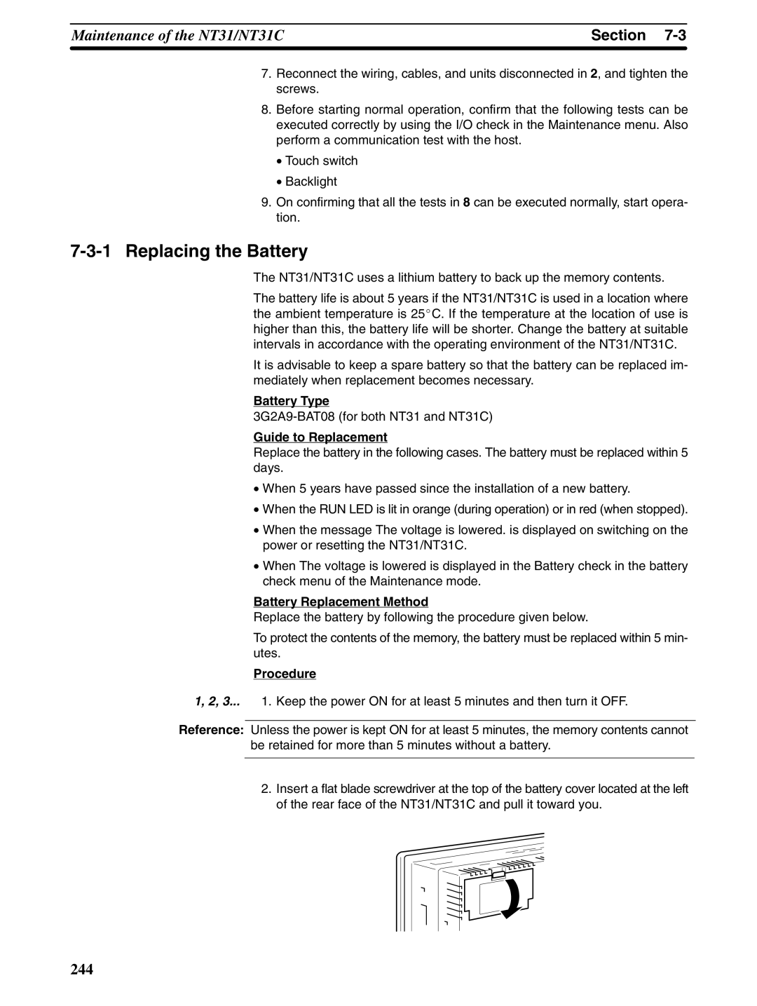 Omron NT31 NT31C manual Replacing the Battery, Battery Type, 3G2A9-BAT08 for both NT31 and NT31C, Guide to Replacement 